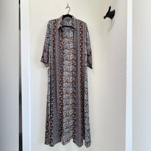 100% Silk Maxi Shirt Duster Dress Batik Floral Brown Blue Button Down